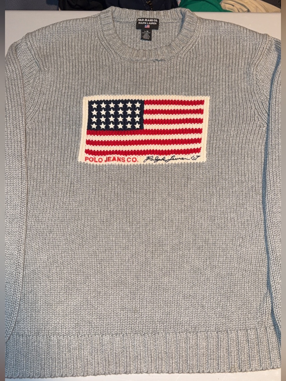 Ralph Lauren Unisex Grey Crewneck Flag Sweater Large Loose Fit